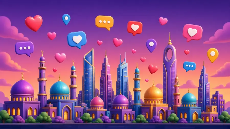 Illustrated skyline with social media icons for Multan