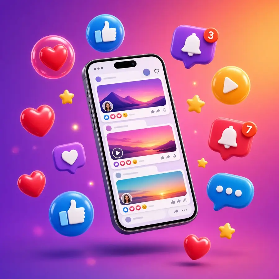 Phone showing social media feeds with likes, comments and notifications